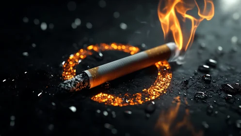 Ignited cigarette on wet asphalt with burning prohibition ring