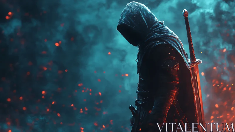 Hooded warrior stands amid embers in glowing blue haze.