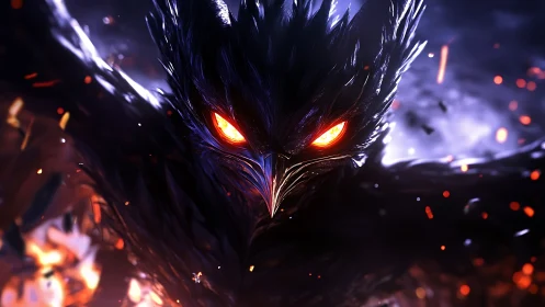 Demonic raven surges through firelit darkness with blazing eyes