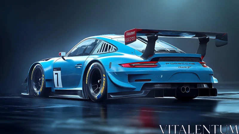 Aerodynamic blue GT race car rendered with cinematic fidelity.