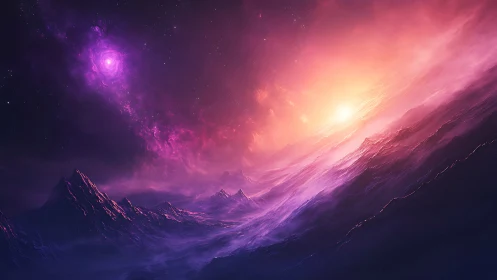 Cosmic sunrise floods violet mountains with radiant haze.