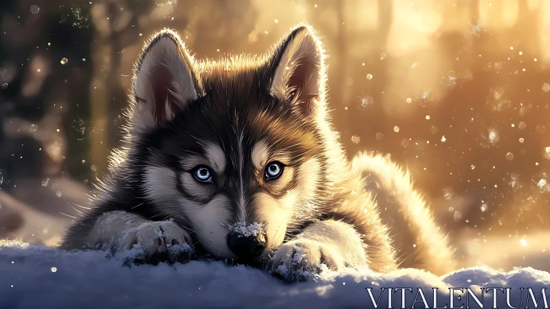 Puppy-level husky portrait with shallow depth and rim lighting