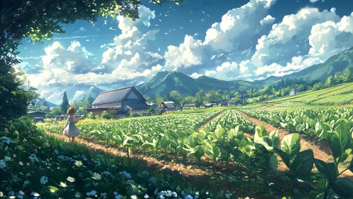 Wide-angle rural farmland vista uses deep perspective and layered clouds