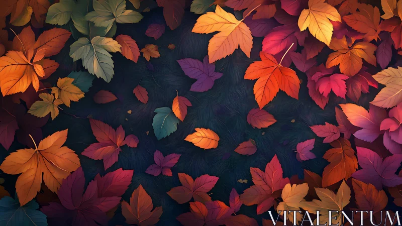 Colorful autumn leaves scattered on dark textured ground.