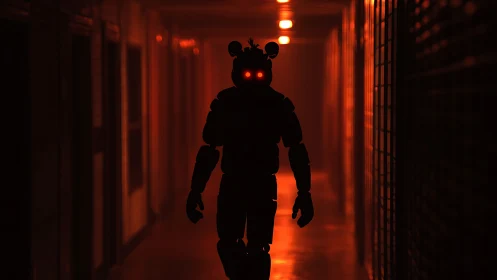 Animatronic silhouette in red-lit industrial hallway.