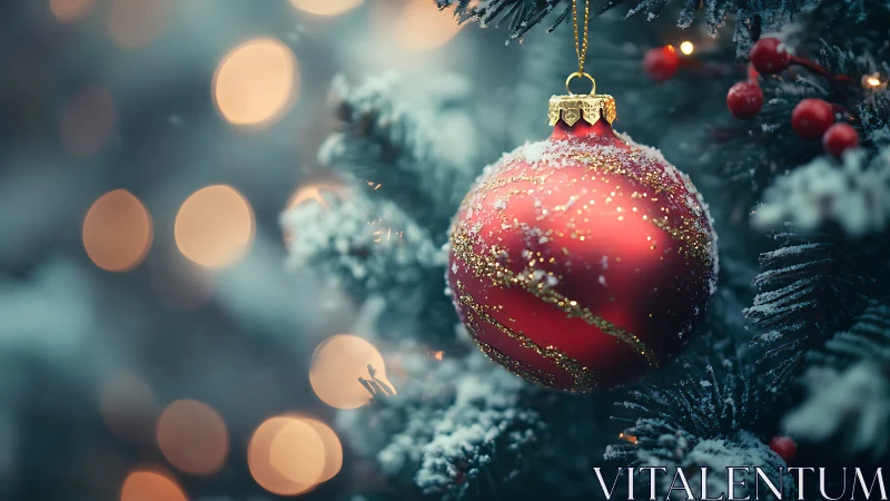 Red ornament on snowy evergreen branch with soft lights.
