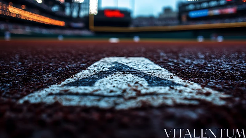 Baseball home plate close-up on infield dirt at stadium.