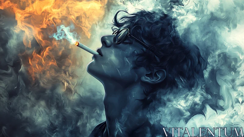 Smoky digital portrait of youth amid fire and mist.