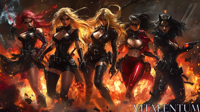 Group of armored women advancing amid flames and smoke.