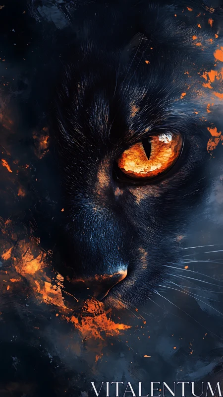 Feline ember gaze within smoldering abstract darkness.