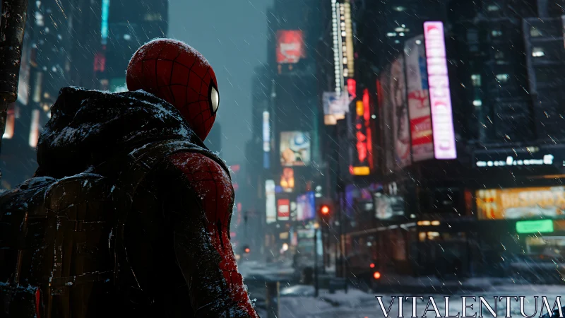 Spider-themed hero in snowy neon city street at night.