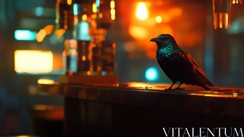 Iridescent crow on neon-lit bar counter in cinematic bokeh.