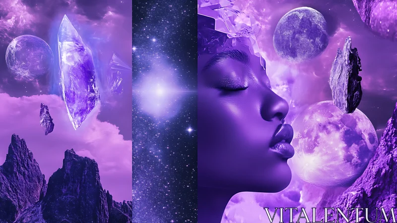 Surreal violet astral portrait with crystalline planetary forms.