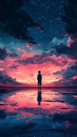 Silhouette of lone figure under vivid pink sunset sky.