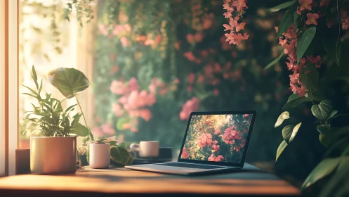 Laptop workspace nestles among lush plants and blossoms.