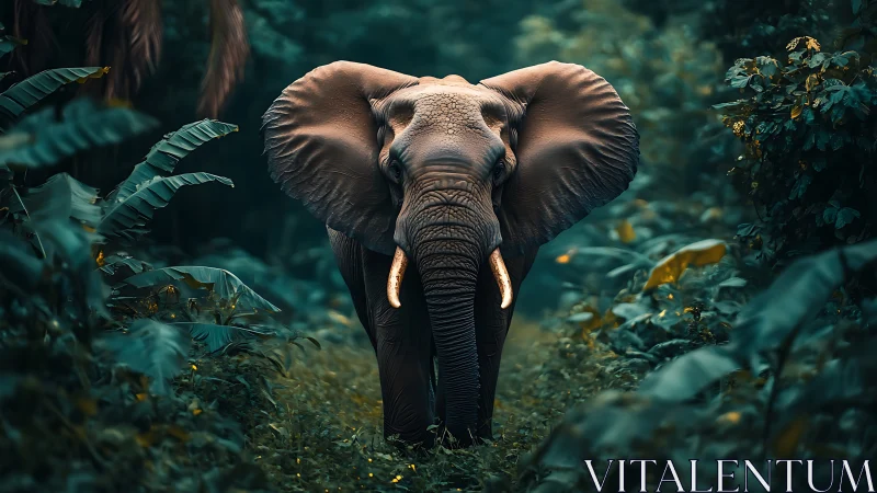 Elephant on narrow forest path framed by dense foliage.