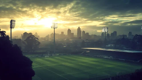 Sunlit city skyline overlooking serene football stadium at dusk.