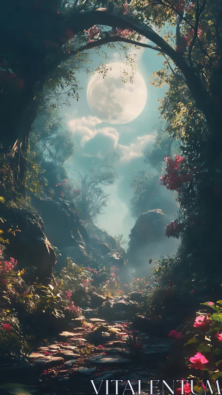 Moonlit forest passage glows with ethereal floral magic.