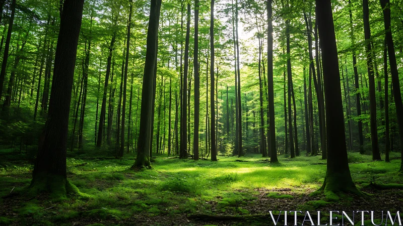 Serene green forest with sunbeams, tranquil nature landscape photo.