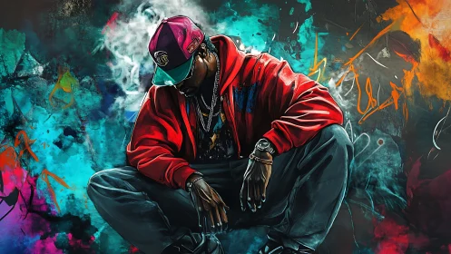 Seated figure in red hoodie amid abstract urban graffiti.