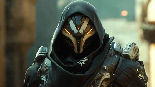 Armored hooded cyborg stands in glowing sci‑fi ruins.