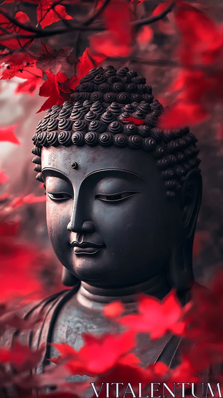 Serene Buddha statue framed by vivid red autumn leaves