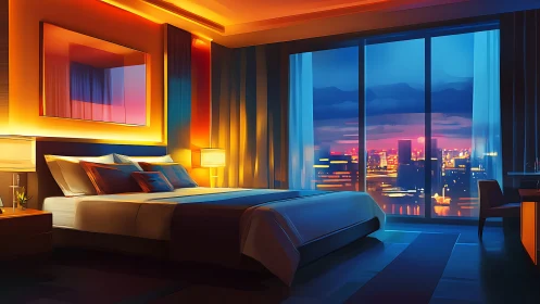 Softly glowing city-view bedroom welcomes restful evenings