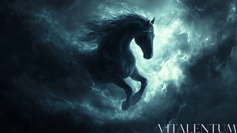Equine figure emerging within dark luminous cloud mass.