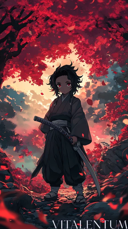 Young samurai stands under blazing red maple canopy.