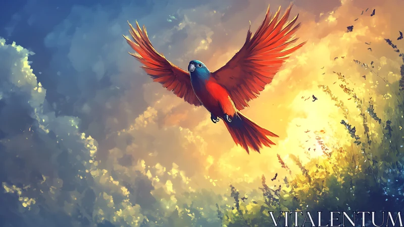 Vibrant red parrot soaring at sunrise in digital art style.