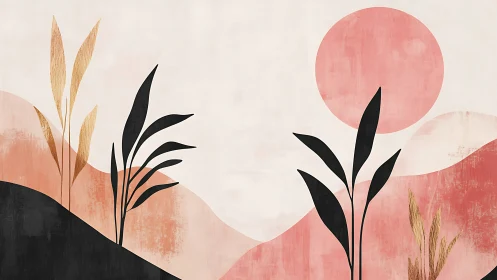 Minimal desert landscape uses flat botanical silhouettes and textured sun