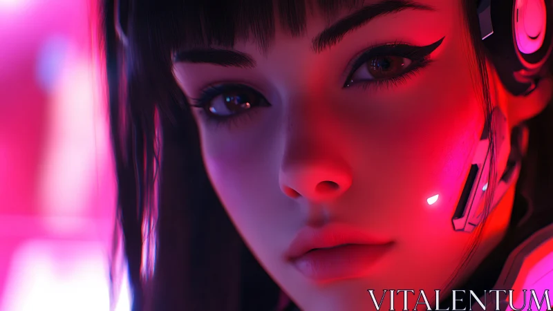 Cyberpunk girl gazes into neon light with quiet intensity