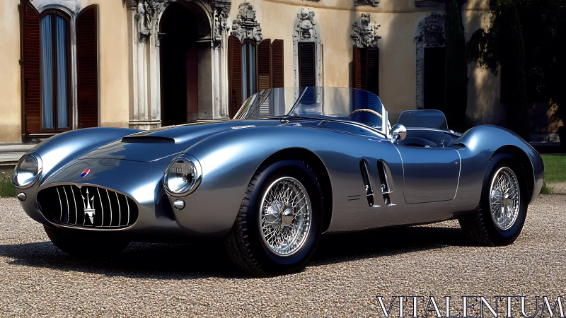 Vintage silver roadster parked before historic villa facade.