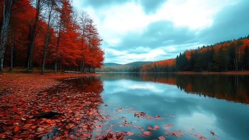 Crimson autumn forest reflects softly across a tranquil lake