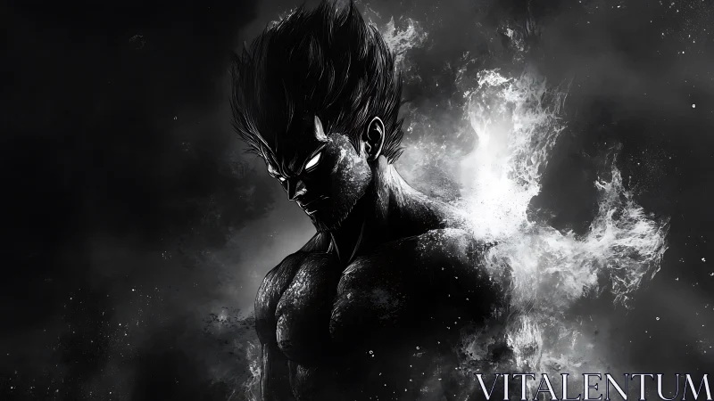 Dark anime warrior emerging through burning white smoke.