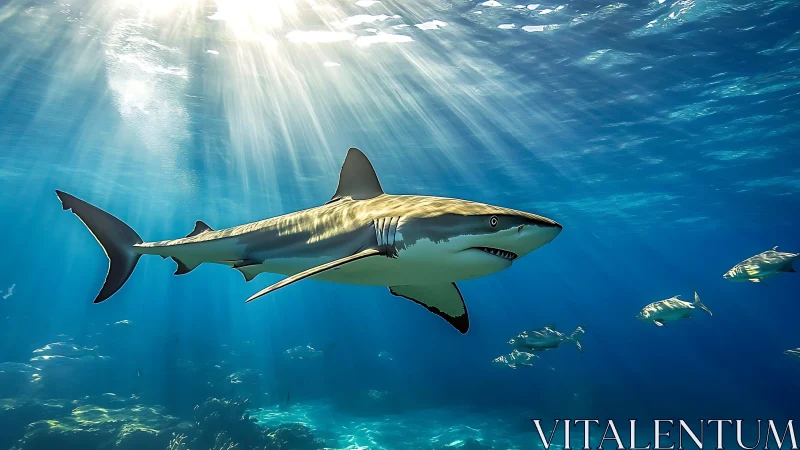 Shark group swimming in clear blue ocean waters underwater.
