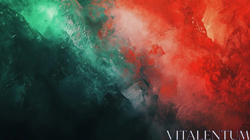 Bold abstract painting with green and red textured brushstrokes.