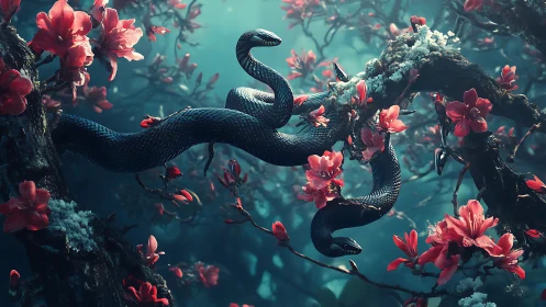 Bioluminescent black snake entwines blossoms in volumetric forest light