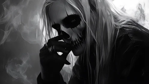 Monochrome skull-makeup figure rendered in moody chiaroscuro