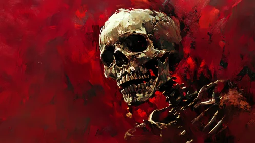 Skull study over blood-red abstract oil field.