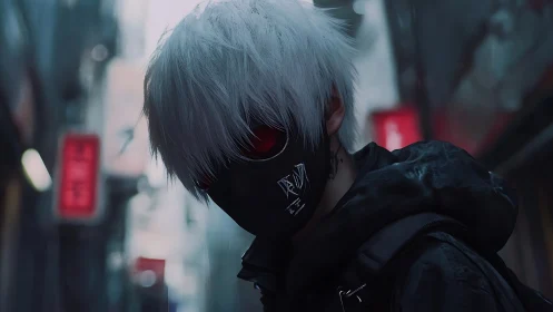 Masked white-haired wanderer in neon alley shadows at dusk.