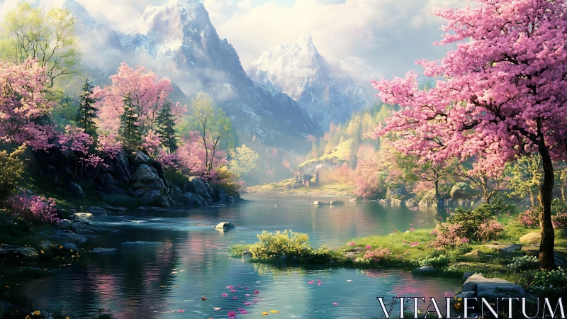 Spring alpine lake with cherry blossoms and snowcapped peaks