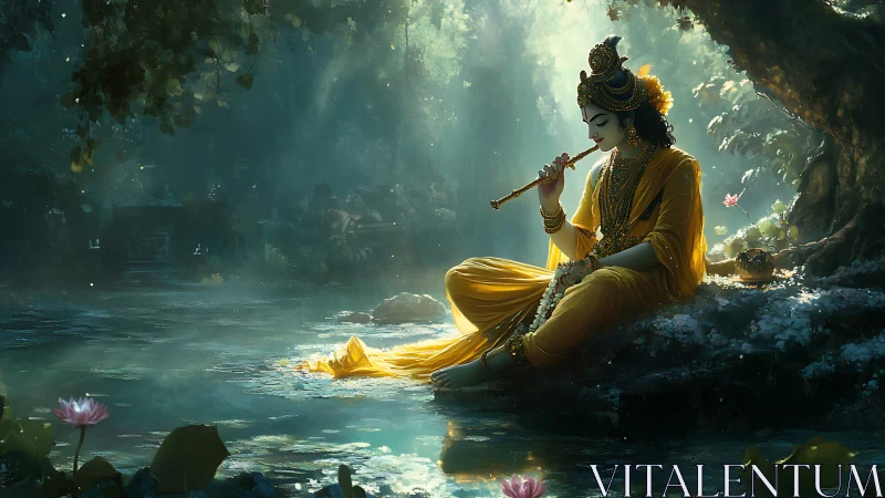 Riverbank flute dream under emerald forest light.