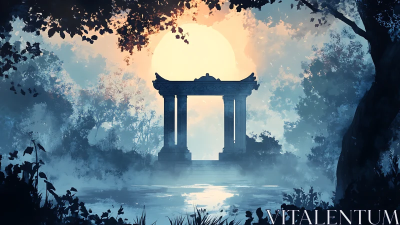 Moonlit ruins over misty forest lake in soft gradients.