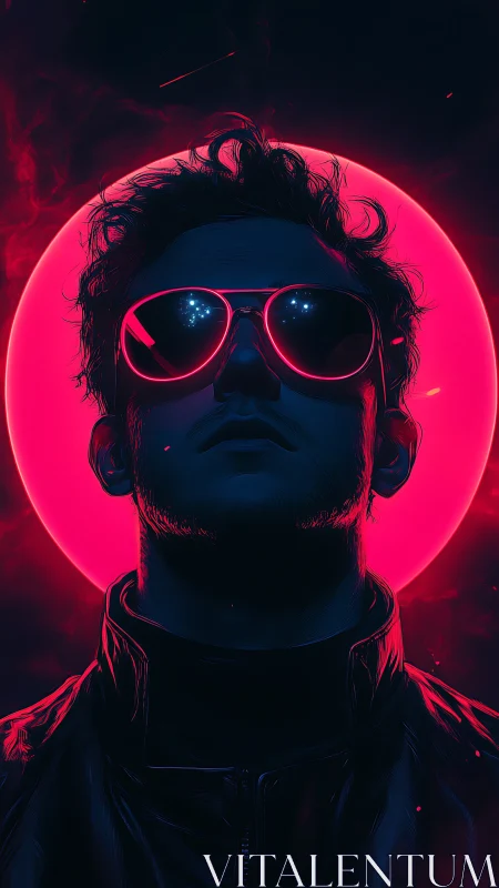 Neon backlit portrait with high contrast rim lighting and reflective visor