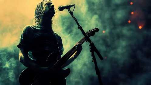 Backlit rock guitarist silhouette in atmospheric stage haze.