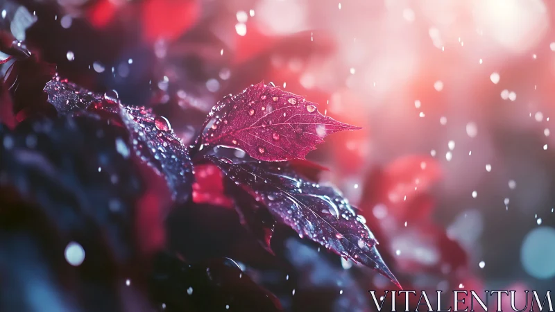 Ruby leaves glitter softly while rain writes silver music