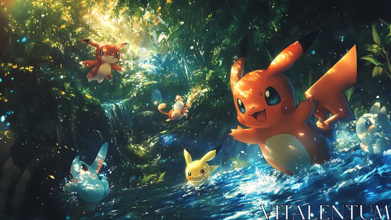 High-saturation forest stream scene with dynamic anime lighting