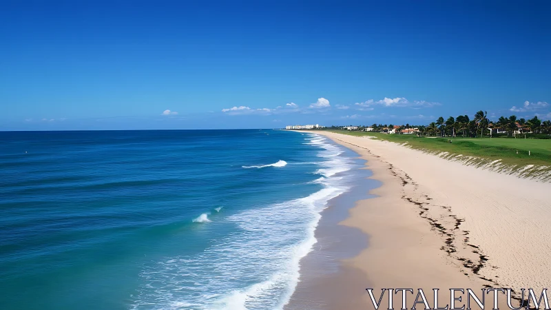 Azure shoreline whispering waves along quiet palm coast.