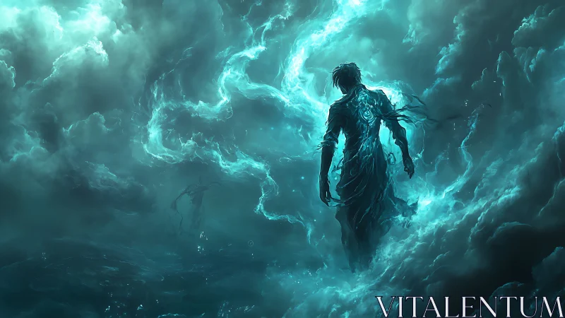 Ethereal figure in bioluminescent storm cloud vortex, teal glow